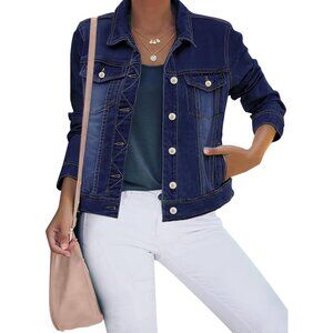 Women's Button Down Stretch Fitted Long Sleeves Denim Jean Jacket Darkness Blue